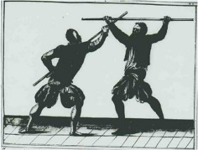 Baton : attaque en tête par pic vs parade horizontale à 2 mains - source Codexe de Dresde / De arte athletica I page 36, par PAulus Hector MAIR